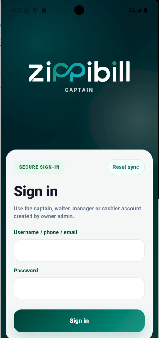 ZippiBill Captain mobile app sign in